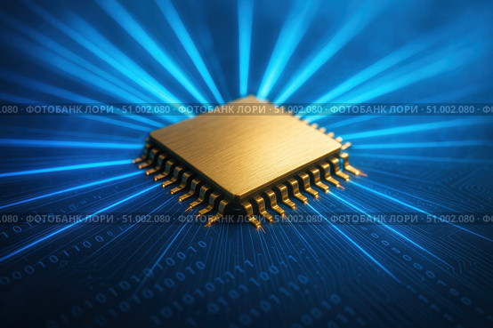 A Stunning Visualization of a Microprocessor on a Circuit Board, Emitting Radiant Light, Symbolizing Advanced Technology and Computational Power. Стоковое AI-изображение, AI-художник Башкирова Анна / Фотобанк Лори