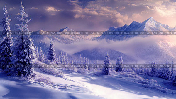 A stunning winter landscape with snow-covered fir trees in the foreground and high mountains shrouded in clouds in the background. The soft light of the sunset colors the sky in warm shades of pink and purple, creating a magical and fairytale atmosphere. The snow fields underfoot reflect soft shadows, enhancing the depth and beauty of the scene. The photo is perfect for winter nature themes, mountain hikes, snow adventures and winter tourism. Стоковое AI-изображение, AI-художник Анна Кривицкая / Фотобанк Лори