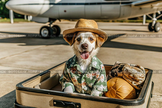 A stylish puppy on a journey, a charming funny dog in a Hawaiian shirt and hat, sitting in an open suitcase. The concept of summer holidays and traveling with animals. Стоковое AI-изображение, AI-художник Photojuli / Фотобанк Лори