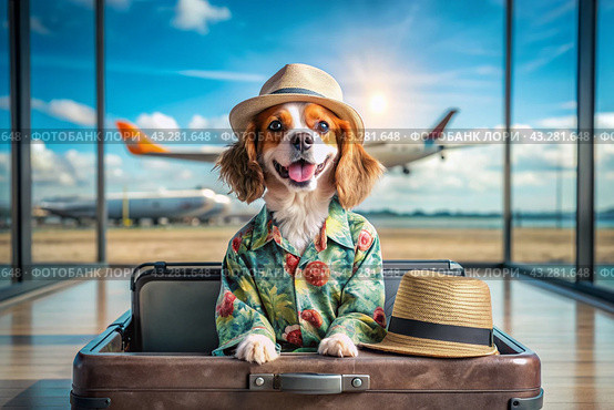 A stylish puppy on a journey, a charming funny dog in a Hawaiian shirt and hat, sitting in an open suitcase. The concept of summer holidays and traveling with animals. Стоковое AI-изображение, AI-художник Photojuli / Фотобанк Лори