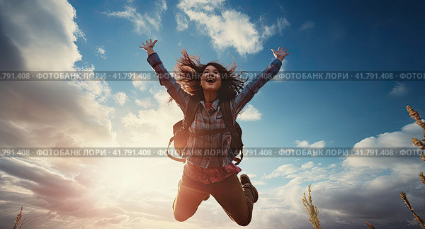 A successful young woman jumps high, jumps with happiness and throws her arms out in a jump. Стоковое AI-изображение, AI-художник Ярославский Максим / Фотобанк Лори