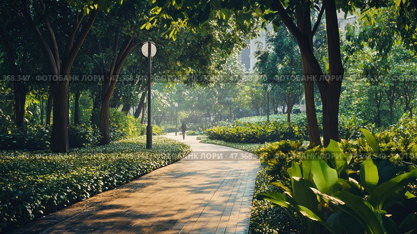 A sunny morning park with a paved path, smoothly curving among the greenery. Tall slender trees create a light shadow, and soft light streams through the foliage. Neat bushes and lush tropical plants with wide leaves grow along the path. A cozy and well-kept space, as if specially created for leisurely walks, morning jogging or relaxation. The atmosphere is calm, fresh and peaceful, you can feel the closeness to nature and the comfort of the urban environment. Стоковое AI-изображение, AI-художник Анна Кривицкая / Фотобанк Лори
