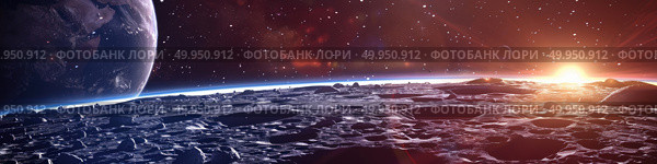 A sunrise illuminates the rocky landscape of an exoplanet with a view of Earth in the backdrop. Стоковое AI-изображение, AI-художник Данила Большаков / Фотобанк Лори