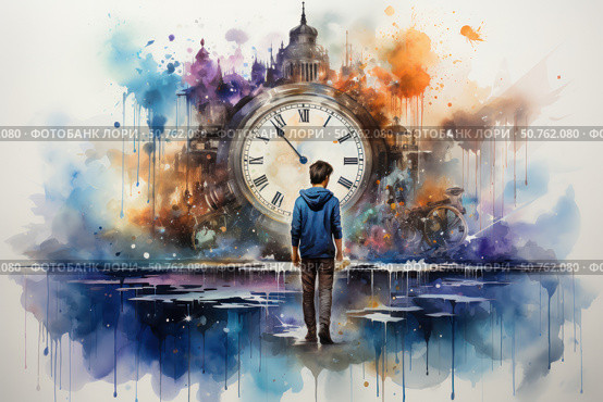 A surrealist watercolor illustration depicting a teenager in a blue sweatshirt standing in front of a huge mechanical clock surrounded by a fantastical city and splashes of bright colors. The city seems to dissolve in the colors, disappearing into an abstract space. The boy's figure looks into the future, and in front of him is a symbolic dimension of time, where the boundaries between reality and imagination are blurred. The illustration is rich in detail and emotion, evoking the theme of time, choice and travel. Стоковое AI-изображение, AI-художник Анна Кривицкая / Фотобанк Лори