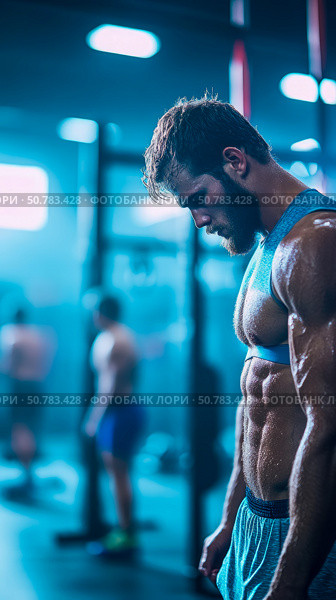 A Sweaty Athlete Rests After an Intense Workout in a Modern Gym. Стоковое AI-изображение, AI-художник Данила Большаков / Фотобанк Лори