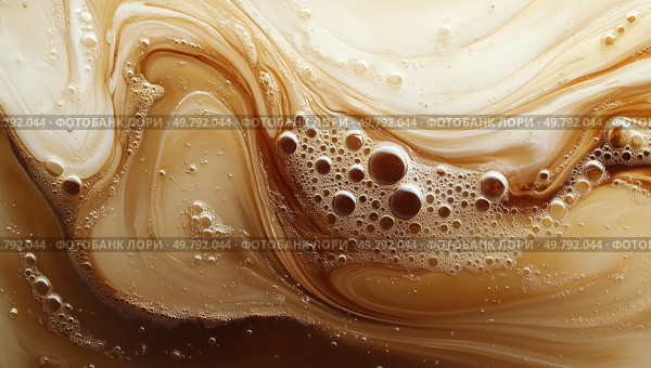 A swirl of brown liquid with bubbles floating in it. Стоковое AI-изображение, AI-художник Ярославский Максим / Фотобанк Лори