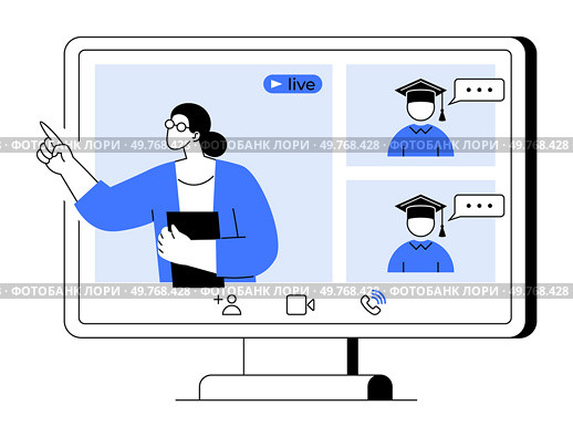 A teacher points while holding a book during a live online session with two students wearing graduation caps. Ideal for education, webinars, virtual classrooms, remote learning, online teaching.. Online Learning Session with Teacher and Two Students on Computer Screen. Стоковая иллюстрация, агентство Ingram Publishing / Фотобанк Лори