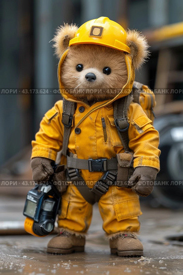 A teddy bear wearing a yellow hard hat and orange construction vest, AI. Стоковое AI-изображение, AI-художник Сергей Старуш / Фотобанк Лори