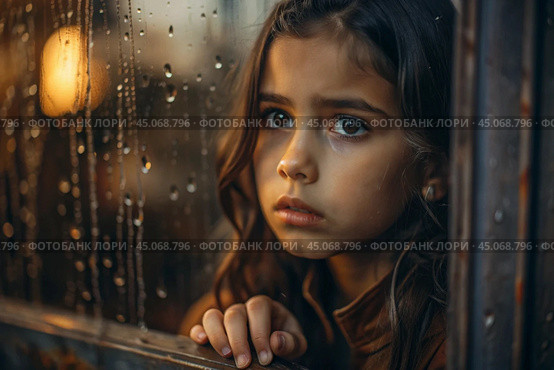 A teenage girl with a sad face alone by the window. It's raining outside the window. The concept of loneliness, depression, melancholy, resentment and bad mood. Стоковое AI-изображение, AI-художник Photojuli / Фотобанк Лори