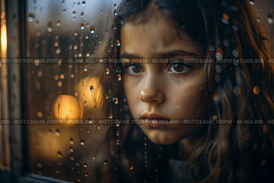 A teenage girl with a sad face alone by the window. It's raining outside the window. The concept of loneliness, depression, melancholy, resentment and bad mood. Стоковое AI-изображение, AI-художник Photojuli / Фотобанк Лори
