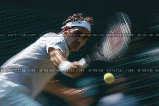 A tennis player is in the middle of a swing, with the ball in the air. Стоковое AI-изображение, AI-художник Ярославский Максим / Фотобанк Лори