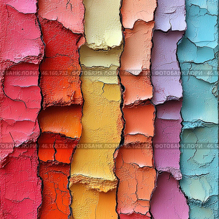A textured surface covered with layers of paint that crack and peel off to form unique patterns. The paints are arranged in vertical stripes that transition from one color to another, creating a rainbow effect. The palette includes rich shades of red, orange, yellow, pink, lilac, blue and turquoise. The texture of the cracks and peeling fragments makes the image three-dimensional and tactile, giving it an abstract artistic style.This image evokes associations with abstract art, street graffiti and the natural processes of surface destruction. It can symbolize mutability, the cycles of time and the beauty of imperfection. Стоковое AI-изображение, AI-художник Анна Кривицкая / Фотобанк Лори
