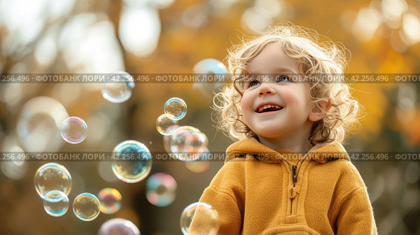 A toddler's giggle as they pop soap bubbles, the epitome of simple childhood joys. Стоковое AI-изображение, AI-художник Юлия Гапеенко / Фотобанк Лори