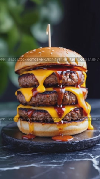 A Towering Triple Cheeseburger Dripping with Flavor: Savory Patties, Melted Cheese, and Zesty Sauce Create the Ultimate Burger Indulgence. Стоковое AI-видео, аниматор Владимир Федоров / Фотобанк Лори