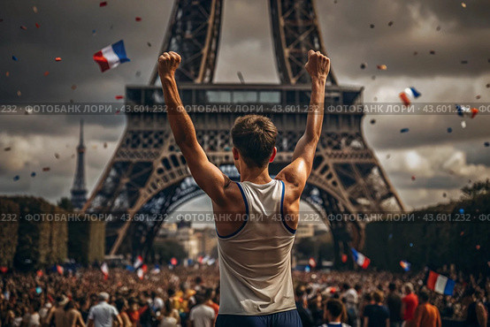 A track and field athlete won during a marathon or race against the backdrop of the Eiffel Tower at a sporting event. The concept of the Summer Olympic Games. Стоковое AI-изображение, AI-художник Photojuli / Фотобанк Лори