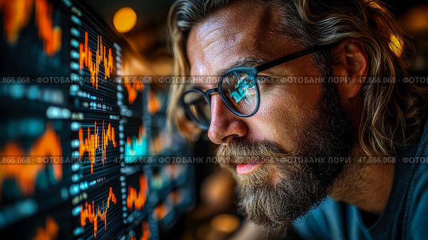 A trader closely examines glowing graphs and charts showcasing market data and trends during a busy workday in a financial district office. Стоковое AI-изображение, AI-художник Данила Большаков / Фотобанк Лори