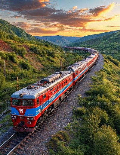 A train against the backdrop of the setting sun. Railwayman's Day in Russia is celebrated on the first Sunday of August. Стоковое AI-изображение, AI-художник Сергей Елизарьев / Фотобанк Лори