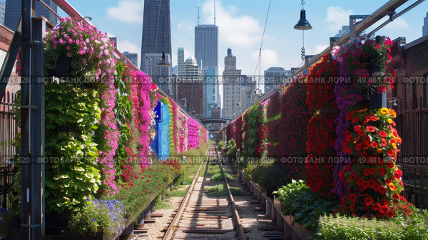 A train track completely covered with a multitude of colorful flowers, creating a striking contrast against the steel rails. Стоковое AI-изображение, AI-художник Данила Большаков / Фотобанк Лори