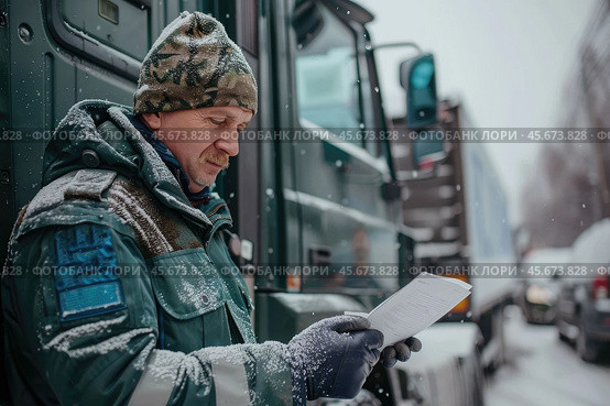 A transport inspection officer checks cargo transportation documents and inspects trucks. Customs point. Inspection. Стоковое AI-изображение, AI-художник Коханова Наталья / Фотобанк Лори