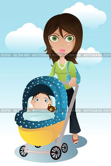 A vector illustration of a mother pushing a stroller with her baby inside of it. Стоковая иллюстрация, агентство Ingram Publishing / Фотобанк Лори
