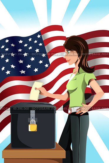 A vector illustration of a woman inserting her votes into the ballot box. Стоковая иллюстрация, агентство Ingram Publishing / Фотобанк Лори