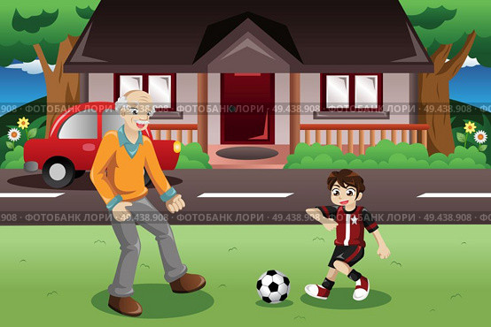 A vector illustration of grandpa and grandson playing soccer in the front yard. Стоковая иллюстрация, агентство Ingram Publishing / Фотобанк Лори
