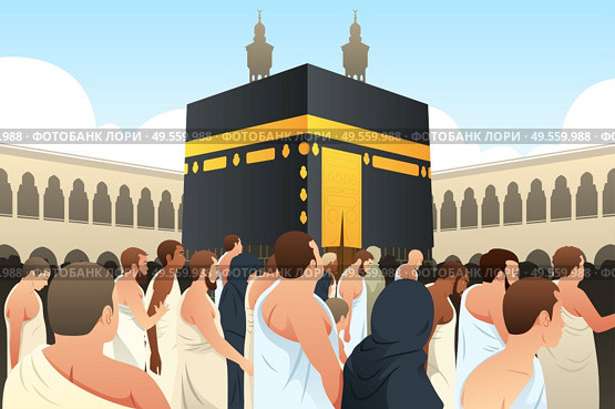 A vector illustration of Muslim Pilgrims Walking Around Kaaba in Mecca. Стоковая иллюстрация, агентство Ingram Publishing / Фотобанк Лори