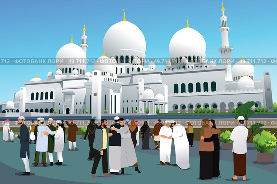 A vector illustration of Muslims Embracing Each Other in Front of a Mosque. Стоковая иллюстрация, агентство Ingram Publishing / Фотобанк Лори