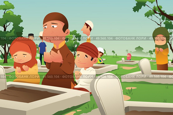 A vector illustration of Muslims Visiting and Praying at Cemetery. Стоковая иллюстрация, агентство Ingram Publishing / Фотобанк Лори