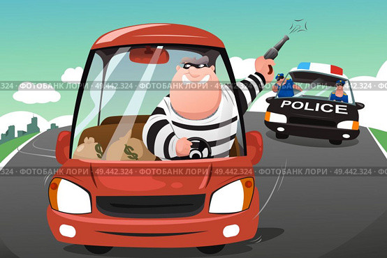 A vector illustration of police chasing criminals in a car on the highway. Стоковая иллюстрация, агентство Ingram Publishing / Фотобанк Лори