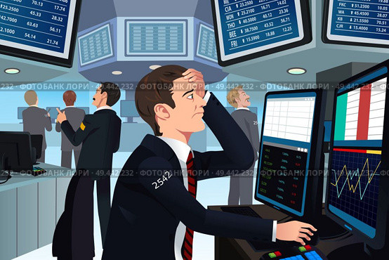 A vector illustration of stock trader in stress looking at the computer. Стоковая иллюстрация, агентство Ingram Publishing / Фотобанк Лори