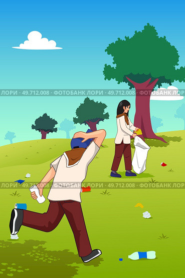 A vector illustration of Teens Picking Up Trash in the Park . Стоковая иллюстрация, агентство Ingram Publishing / Фотобанк Лори