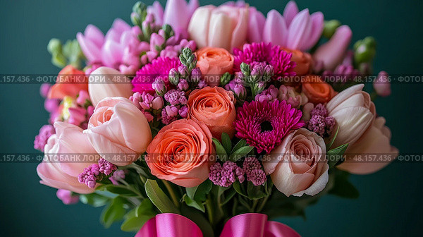 A vibrant bouquet featuring roses, tulips, and asters arranged with a large pink ribbon against a dark green backdrop. Стоковое AI-изображение, AI-художник Данила Большаков / Фотобанк Лори