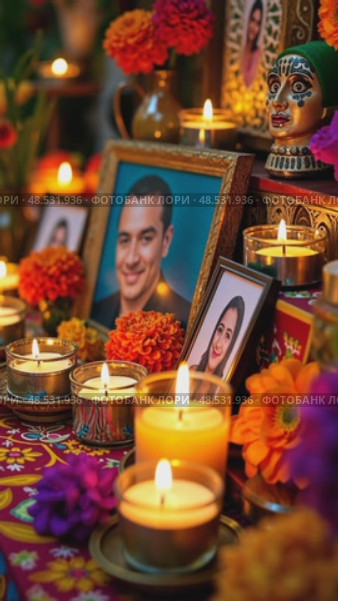 A vibrant close-up of a traditional Mexican altar decorated with marigold flowers, candles, and photos of loved ones. Cinco de Mayo. Independence Day, The Day of the Dead. Fiesta and festival. Стоковое AI-видео, аниматор Sergey Grishin / Фотобанк Лори