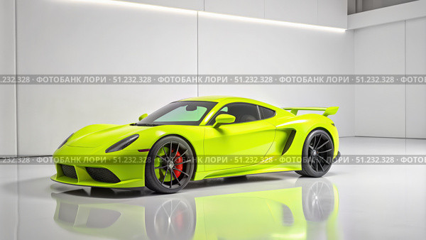 A Vibrant Lime Green Supercar Parked in a Modern Garage. Generative AI. Стоковое AI-изображение, AI-художник Roman Zavorotny / Фотобанк Лори