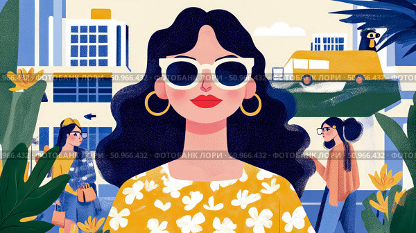 A vibrant modern illustration depicting stylish women enjoying a lively urban summer day, ideal for web media, print collateral, or advertising campaign. Стоковое AI-изображение, AI-художник Данила Большаков / Фотобанк Лори