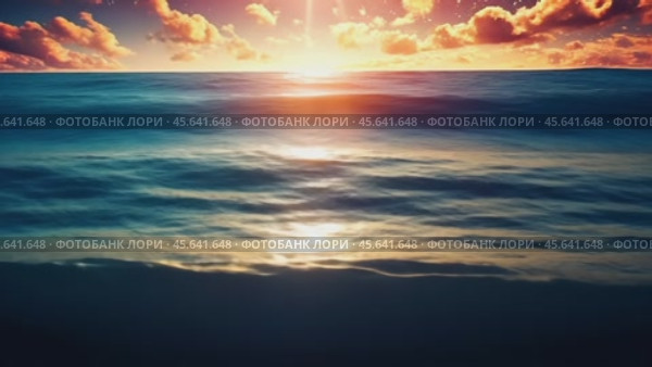 A vibrant ocean scene at sunset, capturing the warm glow of the sun over the rippling water and the gentle transition from day to night. Стоковое AI-видео, аниматор Igor Tichonow / Фотобанк Лори