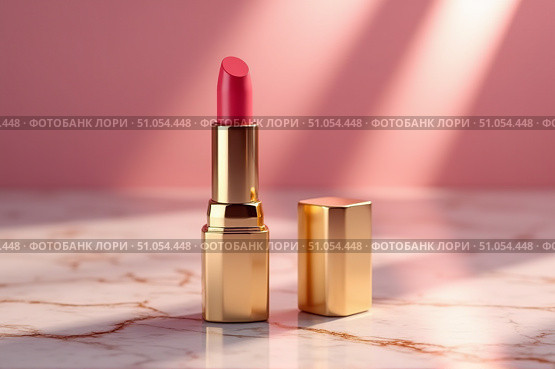 A vibrant pink lipstick rests on a smooth marble surface, catching the faint rays of light that create an elegant atmosphere. The golden casing adds a touch of luxury to the arrangement. Стоковое AI-изображение, AI-художник Ольга Игнашина / Фотобанк Лори