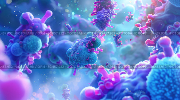 A vibrant representation of microorganisms, showcasing a variety of viruses and bacteria in an artistic microscopic simulation. Стоковое AI-изображение, AI-художник Данила Большаков / Фотобанк Лори