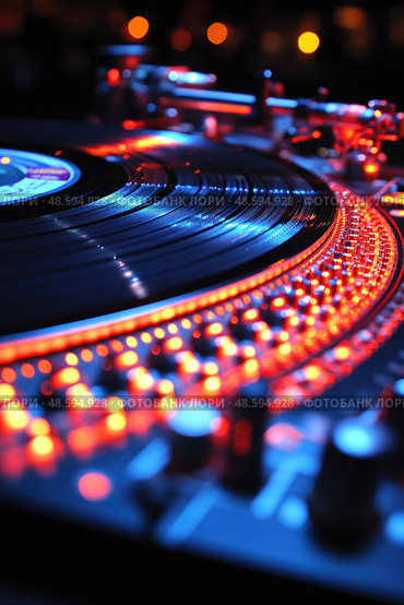 A vibrant turntable illuminated by colorful lights is playing a vinyl record at a lively night music event, creating an energetic atmosphere. Стоковое AI-изображение, AI-художник Данила Большаков / Фотобанк Лори