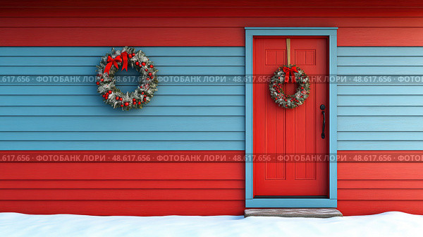 A vibrant wooden house features red and blue siding, adorned with festive wreaths on its door and wall, surrounded by fresh snow in winter. Стоковое AI-изображение, AI-художник Данила Большаков / Фотобанк Лори