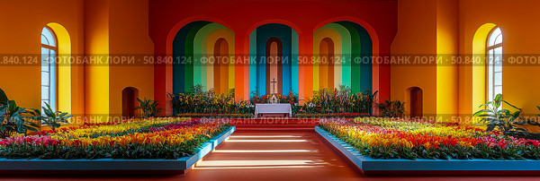 A vibrantly chromatic sacred space filled with nature's palette and divine light. Стоковое AI-изображение, AI-художник Данила Большаков / Фотобанк Лори