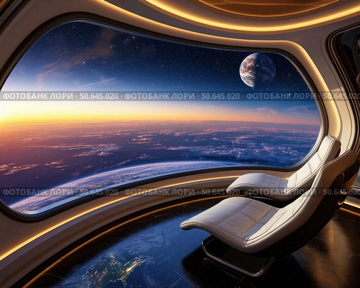 A view of the Earth from a spaceship with a chair and a couch. Стоковое AI-изображение, AI-художник Ярославский Максим / Фотобанк Лори