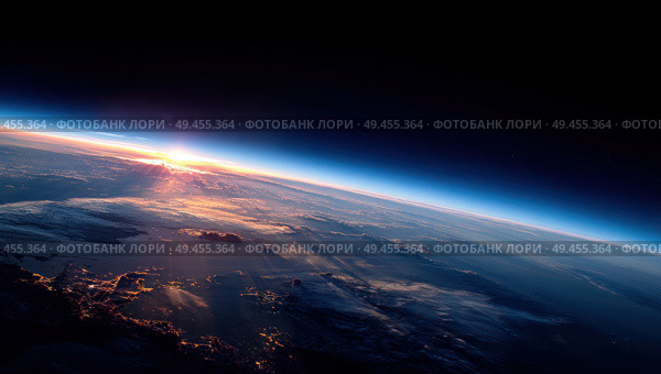 A view of the Earth from space, with the sun rising in the distance. Стоковое AI-изображение, AI-художник Ярославский Максим / Фотобанк Лори