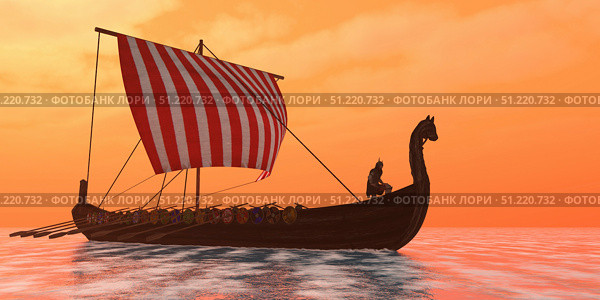 A Viking longboat sails through calm ocean waters. Corey Ford/Stocktrek Images/TASS. Стоковое фото, агентство ТАСС / Фотобанк Лори