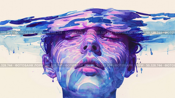 A vivid watercolor painting captures a surreal moment with a face blending into a fluid water surface. Стоковое AI-изображение, AI-художник Данила Большаков / Фотобанк Лори