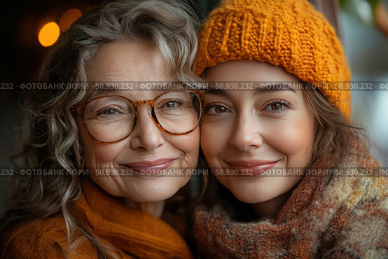 A warm and soulful portrait of two women of different generations - a grandmother and granddaughter, standing next to each other and smiling. They are dressed in cozy autumn-winter clothes: scarves, sweaters, a knitted hat. The image conveys closeness, love and family connection. Soft light and warm colors emphasize the atmosphere of coziness, care and mutual understanding. Perfect for themes related to family, age, care, generations and autumn mood. Стоковое AI-изображение, AI-художник Анна Кривицкая / Фотобанк Лори