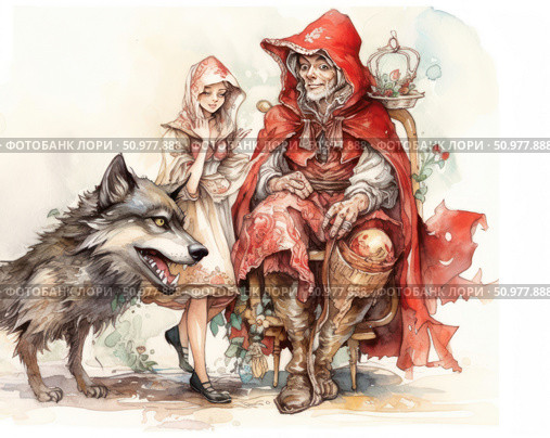 A watercolor illustration based on the fairy tale of Little Red Riding Hood. The painting depicts three characters: a smiling girl in a red cape, an elderly woman (presumably a grandmother) dressed in the same clothes, and a wolf with a predatory look. The illustration is done in a soft color palette with detailed elaboration and a slight humorous accent. The scene is filled with a fairy-tale atmosphere and is perfect for children's books, educational materials, illustrations for fairy tales and topics related to folklore. Стоковое AI-изображение, AI-художник Анна Кривицкая / Фотобанк Лори