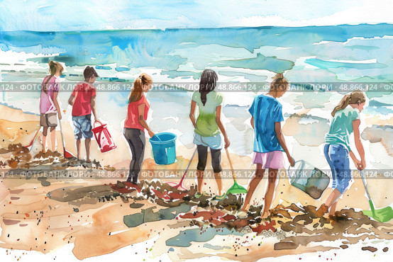 A watercolor painting of six young volunteers cleaning up debris on a sandy beach with blue ocean waves in the background. Стоковое AI-изображение, AI-художник Данила Большаков / Фотобанк Лори
