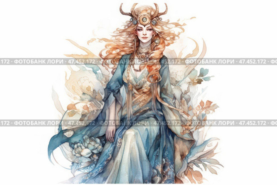 A watercolor portrait of a majestic woman in a fantastic image, reminiscent of a goddess or priestess of nature. She sits gracefully, in a long flowing dress of sky-blue and creamy beige shades. Her reddish hair flutters and intertwines with leaves and flowers, and on her head is a crown with horns and precious stones, giving the image a mystical and divine character. Around her is a decorative floral ornament, executed in an elegant and airy watercolor manner. Стоковое AI-изображение, AI-художник Анна Кривицкая / Фотобанк Лори